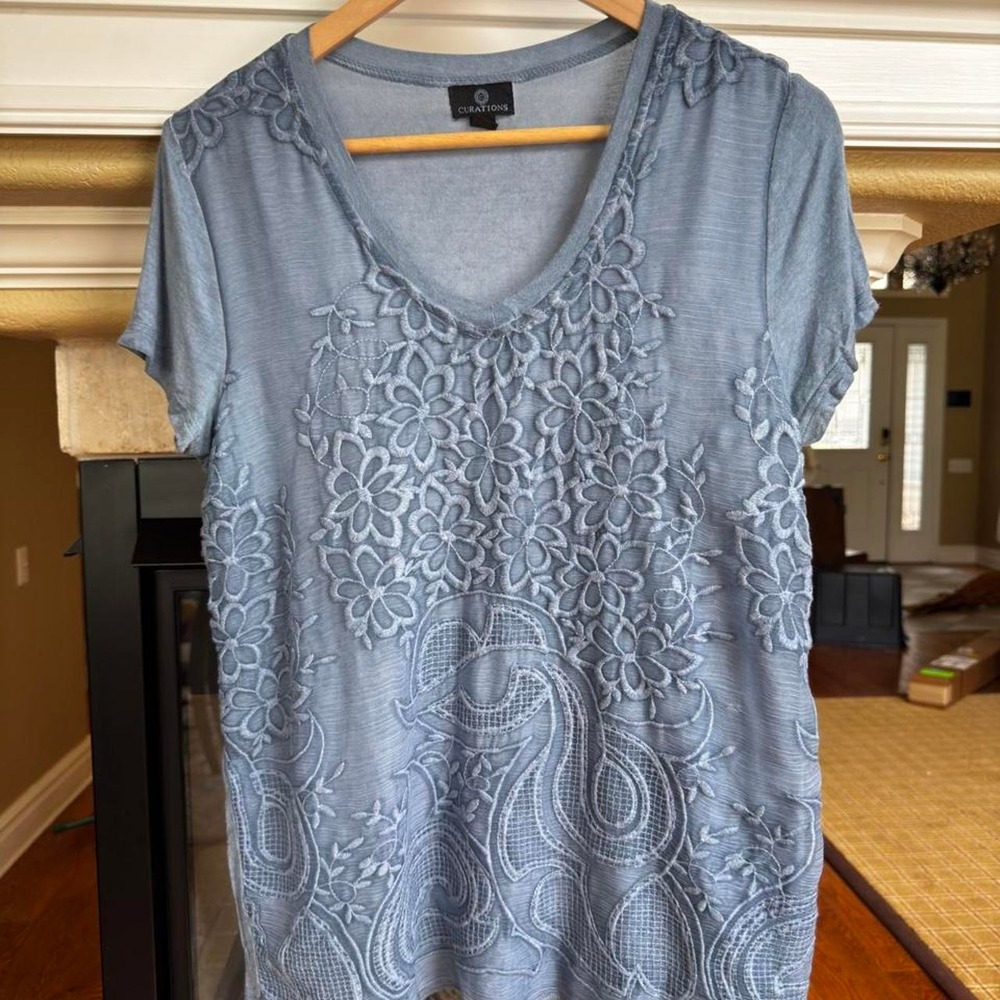 Curations Dusty Blue Embroidered Boho Tee Casual Embroidered